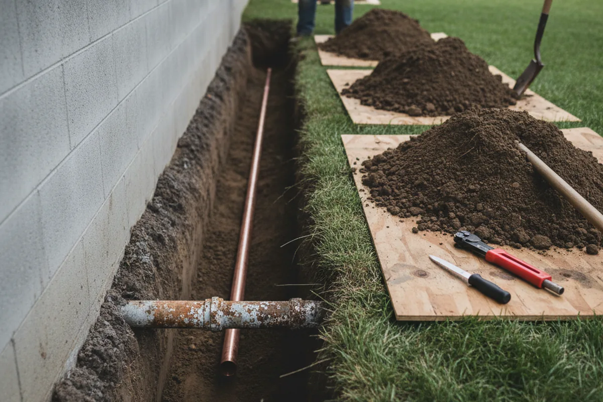 Excavated water line trench during Sewer Line Repair in Kinderhook